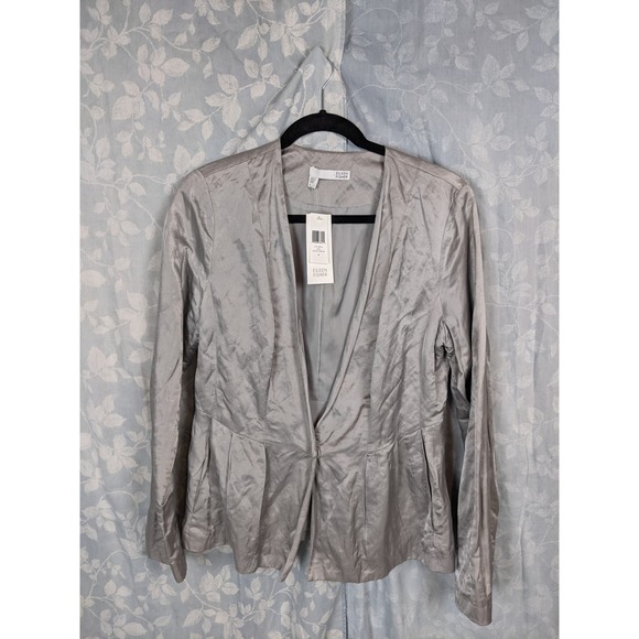 Eileen Fisher Steel Satin Silver V-Neck Snap Front Peplum Jacket 8 - Picture 1 of 6